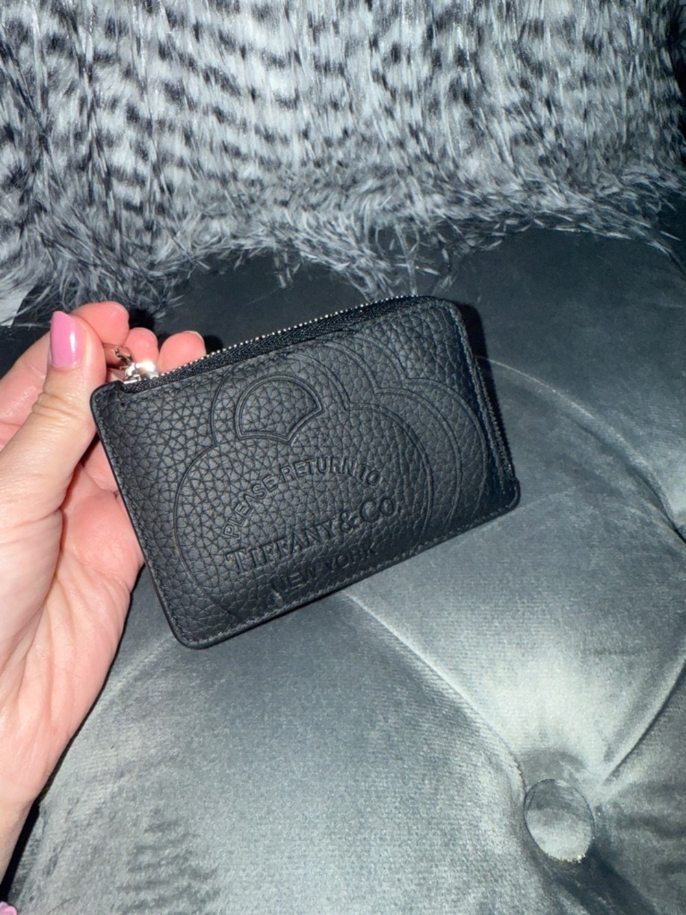 Tiffany & Co. Black Pebbled Leather Zip Card Pouch